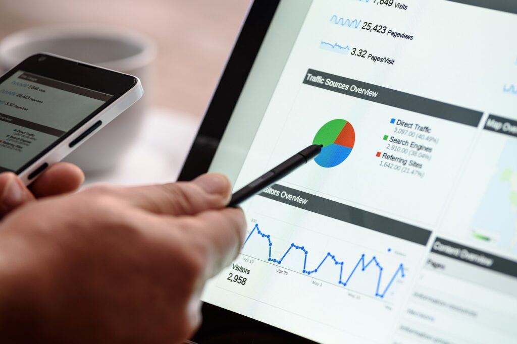 Hand pointing to chart smartphone cup